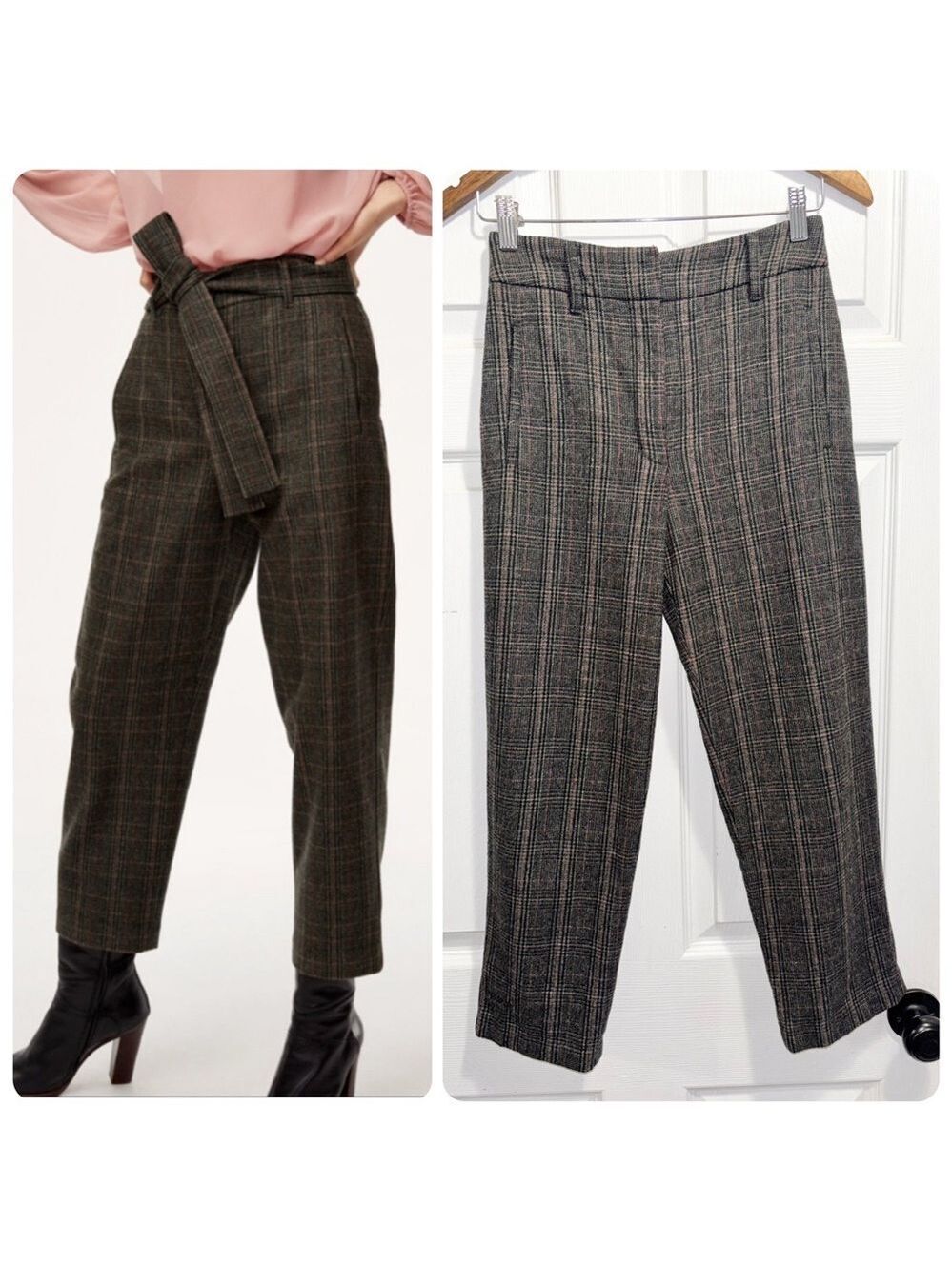 ARITZIA Wilfred Jallade Plaid Pants Tie Front Wool Blend Grey Trousers Size 2